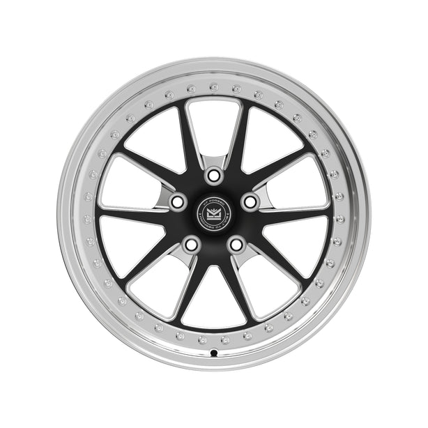 K7 Forged DRG-717 — split V/Y-spoke black face with machined silver edges and deep polished lip — front face hero