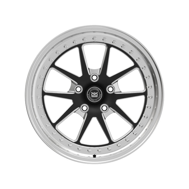 K7 Forged DRG-717 — split V/Y-spoke black face with machined silver edges and deep polished lip — front face hero