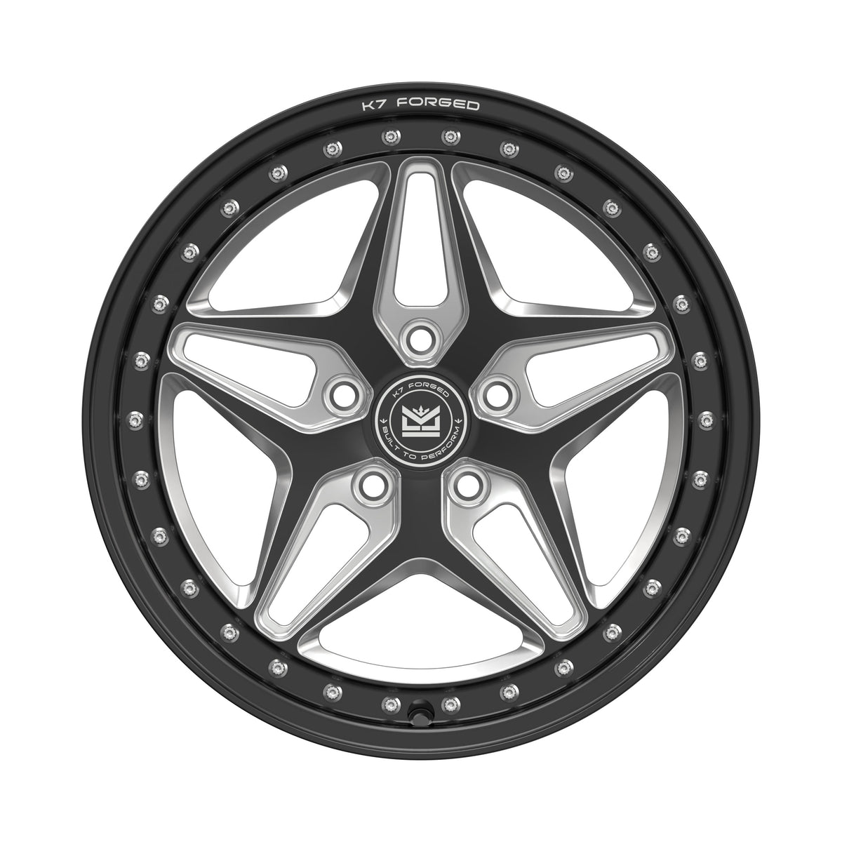 K7 Forged DRG-722 — five-spoke star / split-V face with machined silver spoke accents, front face hero