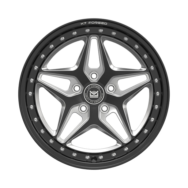 K7 Forged DRG-722 — five-spoke star / split-V face with machined silver spoke accents, front face hero