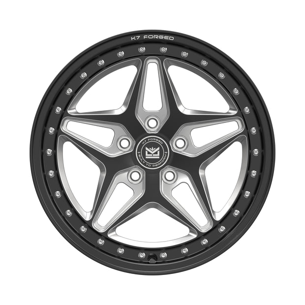 K7 Forged DRG-722 — five-spoke star / split-V face with machined silver spoke accents, front face hero